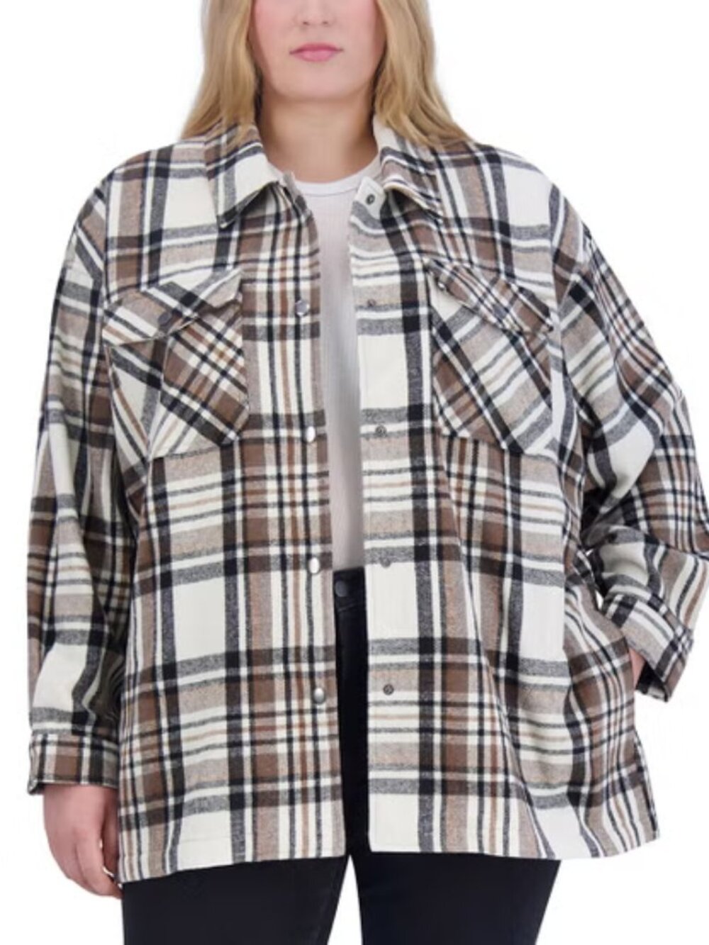 Women's HFX Relaxed Fit Flannel Shirt Jacket - Brown Plaid - Large - NWT